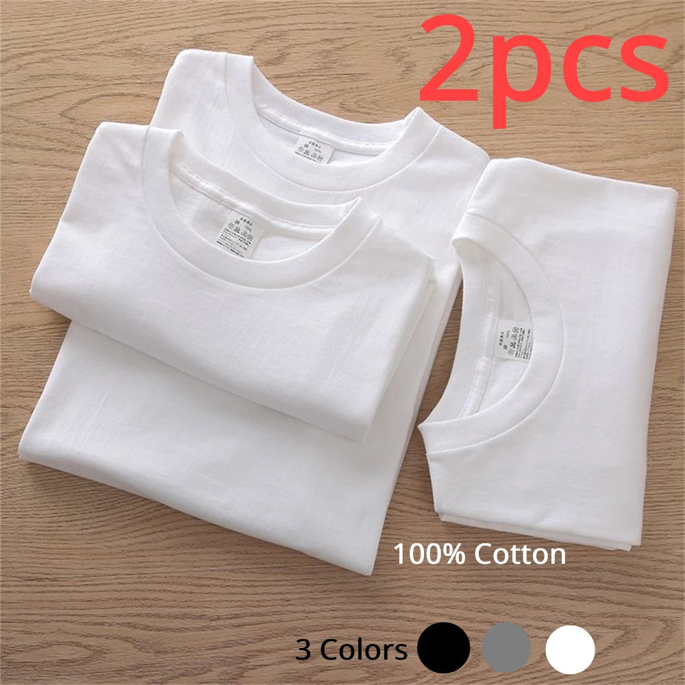 2PCS 100% Cotton Solid T Shirts Men's and Women's Short Sleeve White Tees Casual