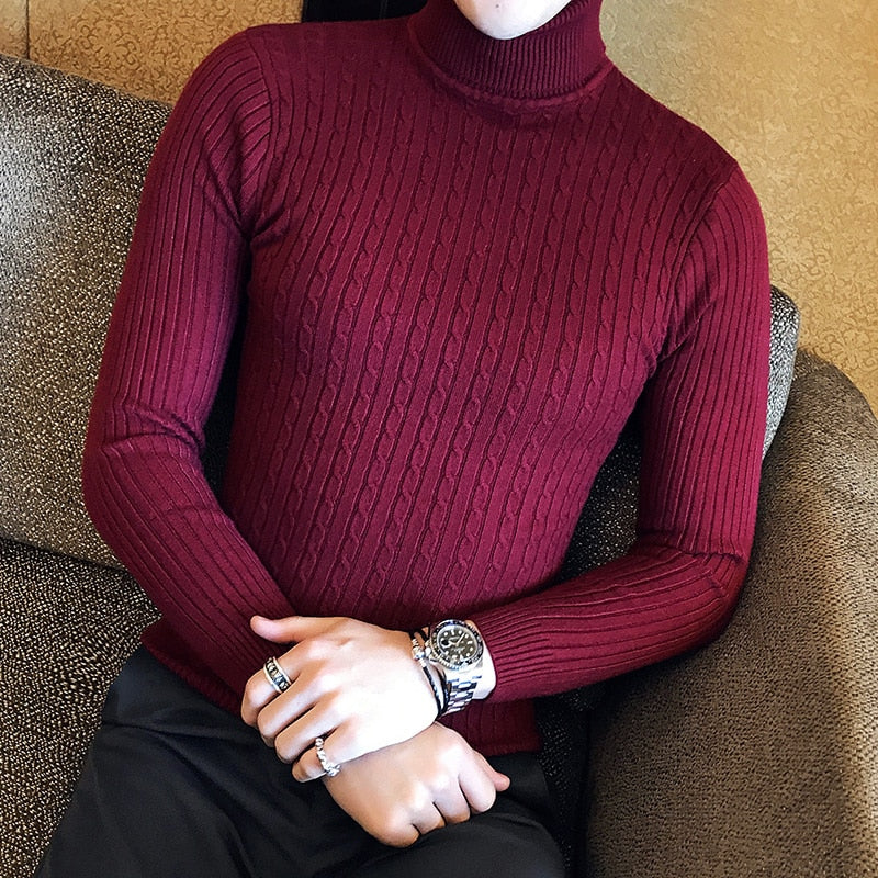 Slim Solid Color Turtleneck Sweater Men