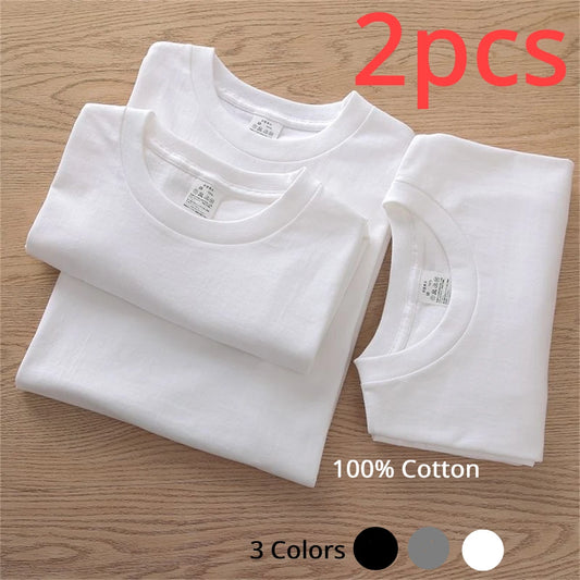 2PCS 100% Cotton Solid T Shirts Men's and Women's Short Sleeve White Tees Casual